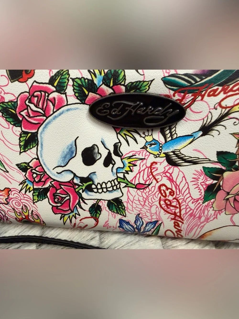 Ed Hardy Pink Metallic Skull & Rose Zip Wristlet